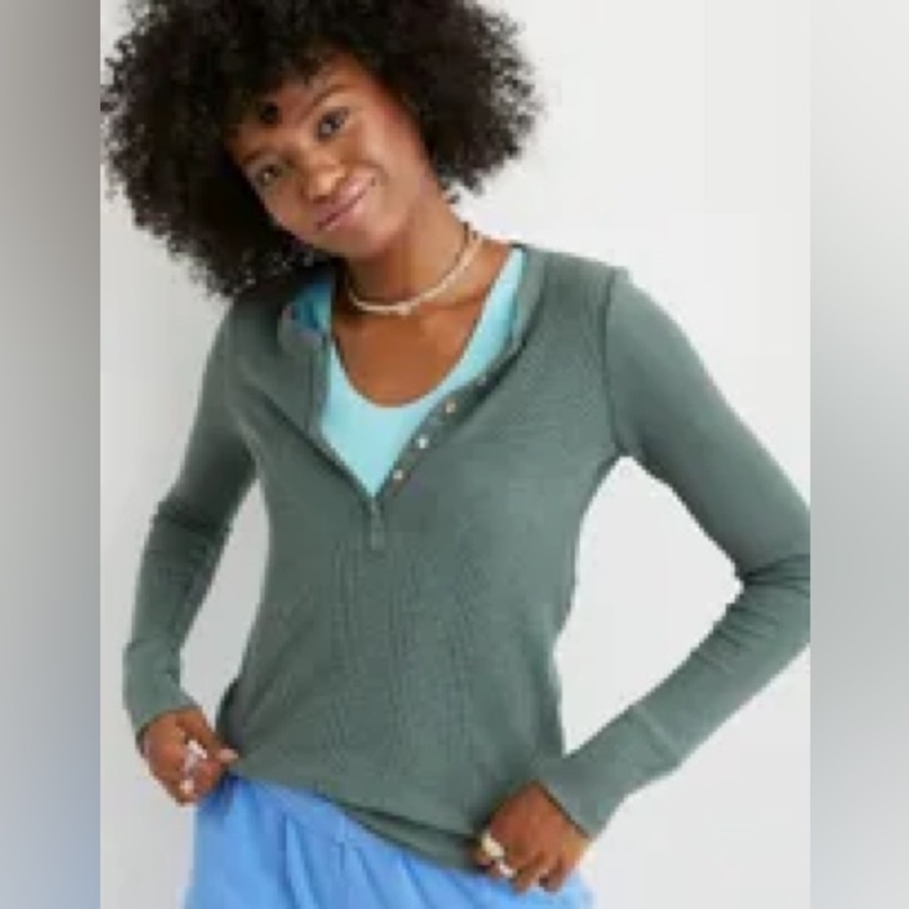 Aerie Waffle Ribbed Henley Long Sleeve Top XXS NWT